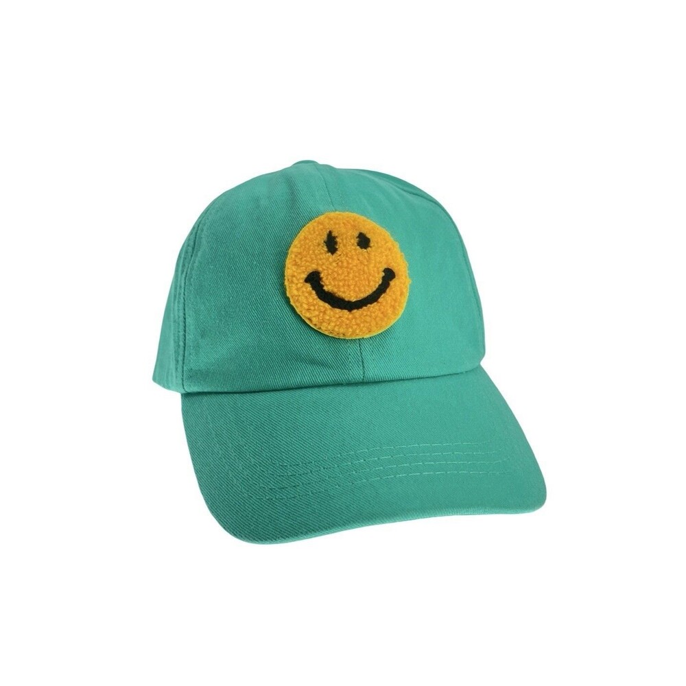 Smiley Face Hat Teal Green Chenille Patch Adjustable Baseball Cap Happy Y2K